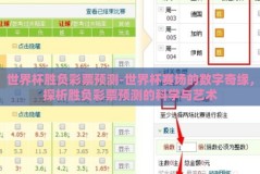 世界杯胜负彩票预测-世界杯赛场的数字奇缘，探析胜负彩票预测的科学与艺术